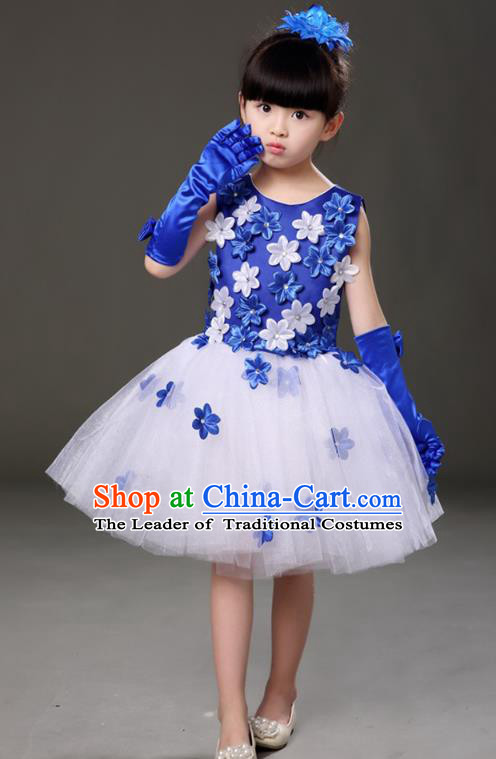 Top Grade Chorus Costumes Children Modern Dance Royalblue Flowers Bubble Dress for Kids