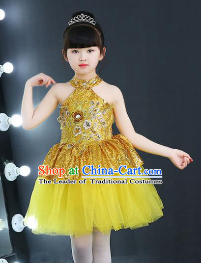 Top Grade Chorus Costumes Children Modern Dance Golden Sequin Bubble Dress for Kids