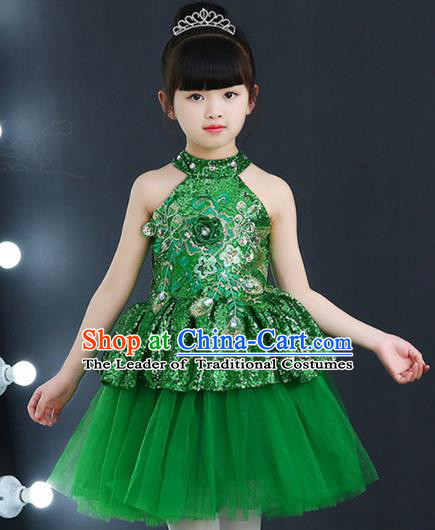 Top Grade Chorus Costumes Children Modern Dance Green Sequin Bubble Dress for Kids