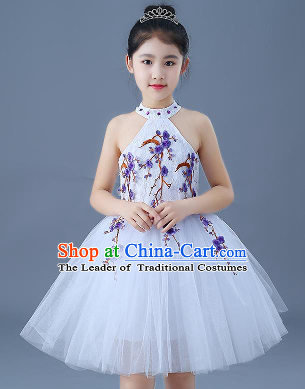 Top Grade Chorus Costumes Children Modern Dance Embroidered Purple Plum Blossom Bubble Dress for Kids