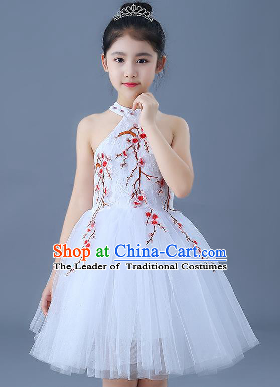 Top Grade Chorus Costumes Children Modern Dance Embroidered Red Plum Blossom Bubble Dress for Kids