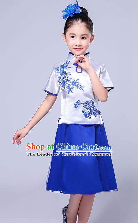 Chinese Ancient Chorus Costume Children Classical Dance Printing Flowers Blue Dress Stage Performance Clothing for Kids