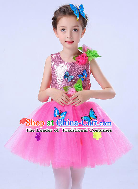 Top Grade Chorus Stage Performance Costumes Children Modern Dance Butterfly Clothing Pink Veil Bubble Dress for Kids