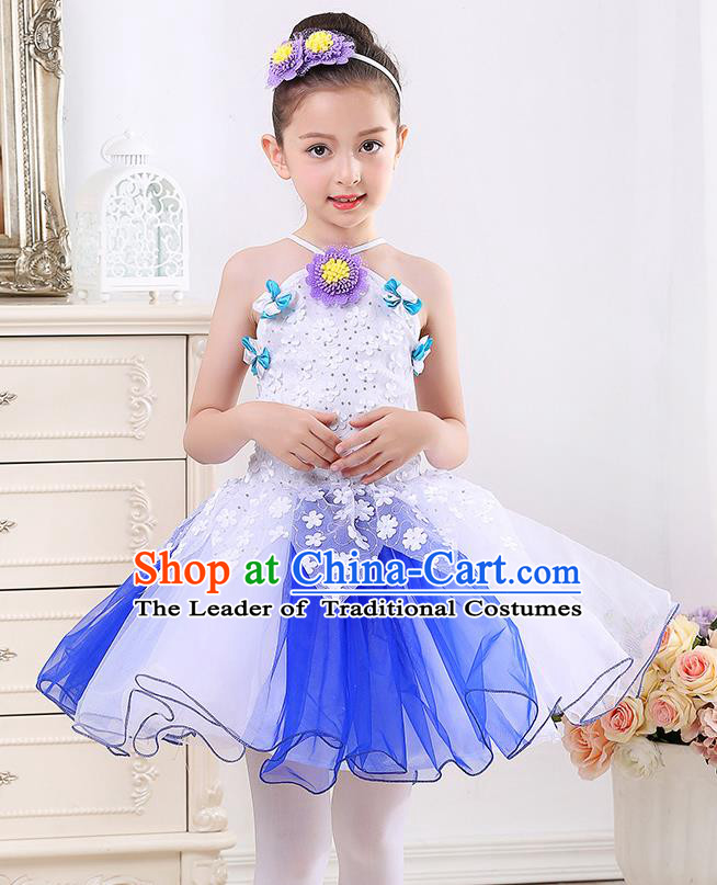 Top Grade Chorus Stage Performance Costumes Girls White Veil Bubble Dress Children Modern Dance Clothing for Kids