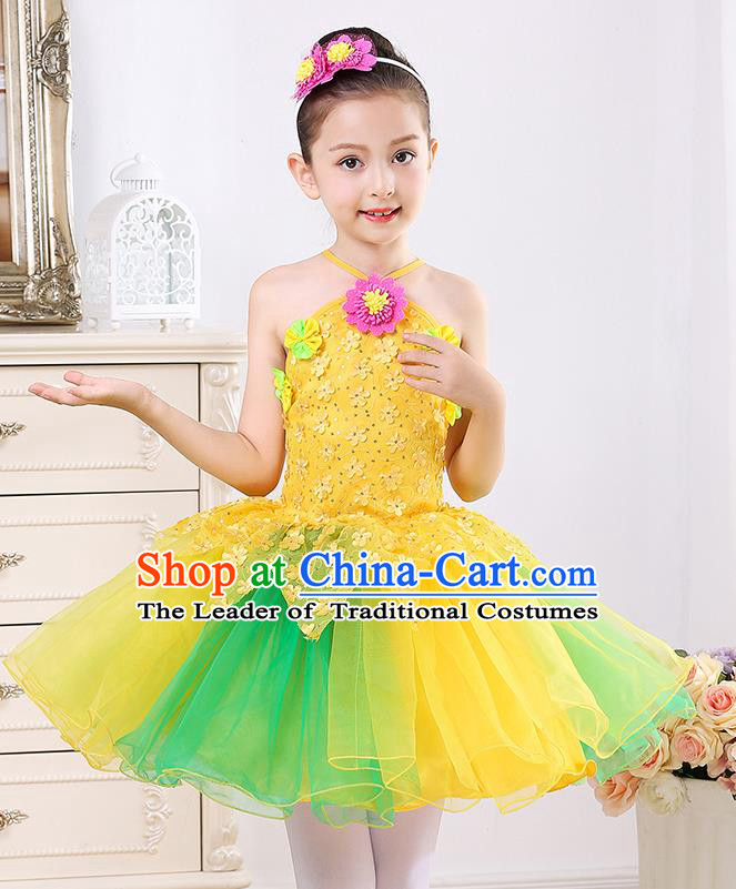 Top Grade Chorus Stage Performance Costumes Girls Yellow Veil Bubble Dress Children Modern Dance Clothing for Kids