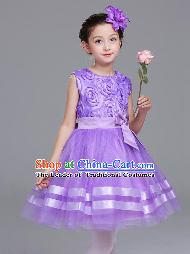 Top Grade Chorus Stage Performance Costumes Flower Fairy Purple Rose Bubble Dress Children Modern Dance Clothing for Kids