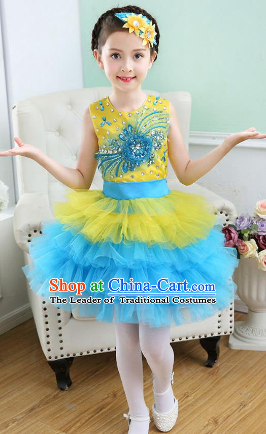 Top Grade Chorus Costumes Stage Performance Princess Crystal Yellow Bubble Dress Children Modern Dance Clothing for Kids