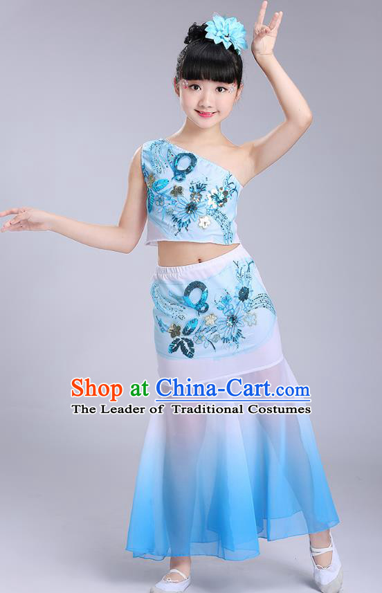 Chinese Traditional Folk Dance Costumes Dai Nationality Pavane Blue Dress Children Classical Peacock Dance Clothing for Kids