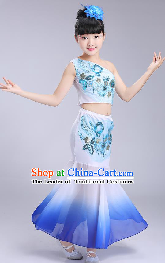 Chinese Traditional Folk Dance Costumes Dai Nationality Pavane Royalblue Dress Children Classical Peacock Dance Clothing for Kids