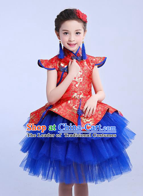 Chinese Traditional Folk Dance Costumes Compere Cheongsam Dress Children Classical Dance Clothing for Kids