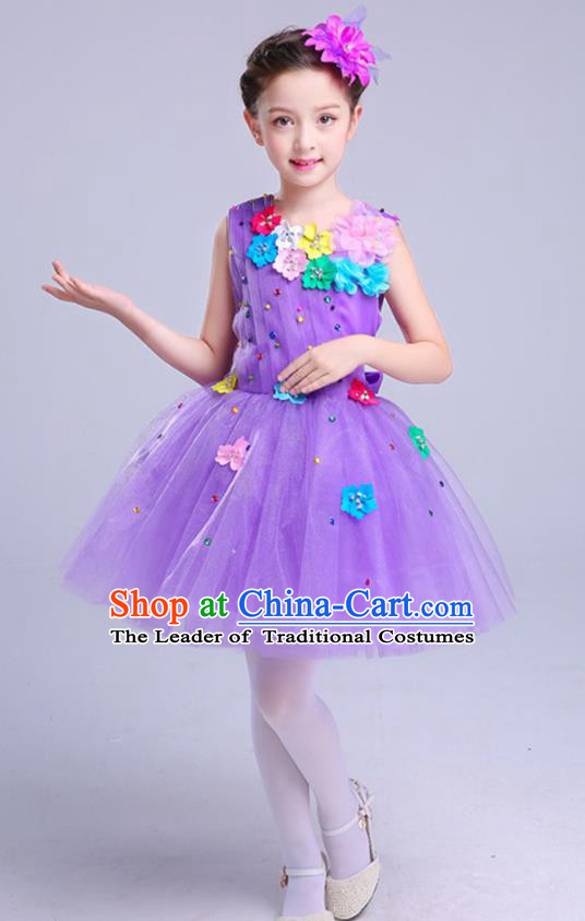 Top Grade Princess Purple Bubble Dress Girls Stage Performance Chorus Costumes Modern Dance Clothing for Kids