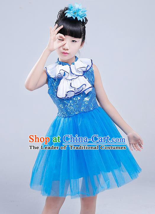 Top Grade Princess Dress Girls Stage Performance Chorus Costumes Blue Bubble Dress for Kids