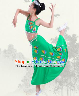 Chinese Traditional Folk Dance Costumes Children Dai Nationality Peacock Dance Classical Dance Green Dress for Kids