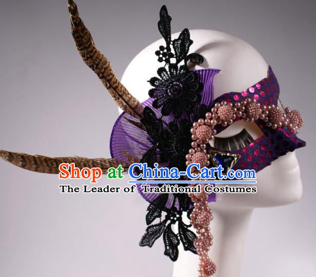 Halloween Fancy Ball Props Exaggerated Feather Purple Face Mask Stage Performance Accessories Christmas Mysterious Masks