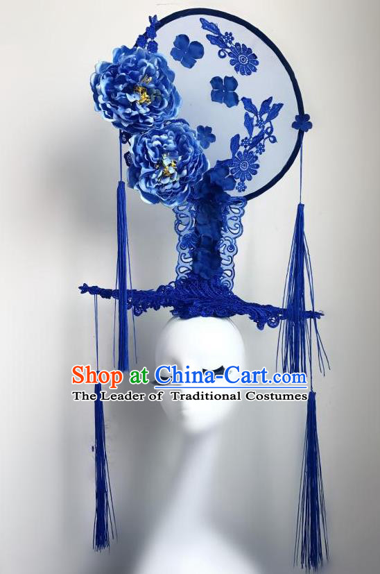 Top Grade Chinese Traditional Catwalks Hair Accessories Exaggerated Palace Blue Peony Headdress Halloween Modern Fancywork Headwear