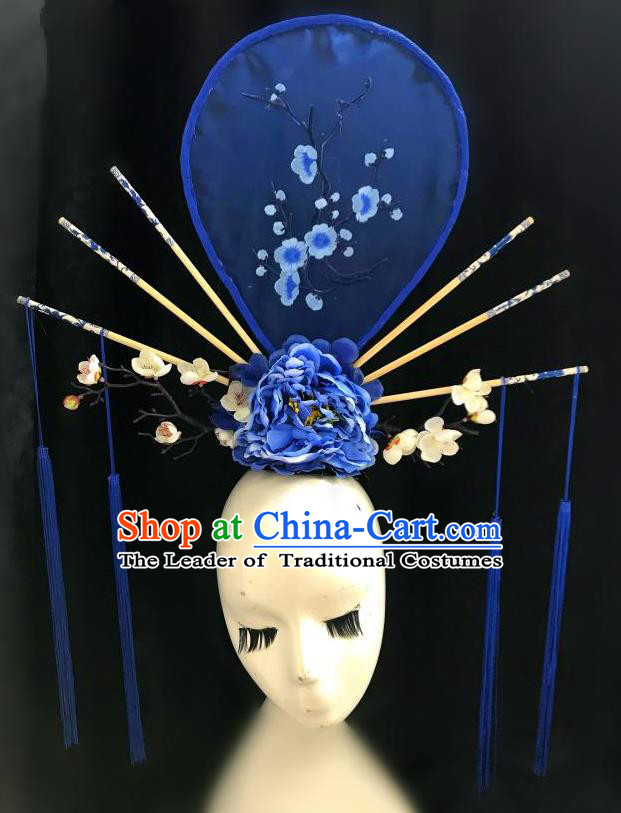 Top Grade Chinese Traditional Catwalks Hair Accessories Exaggerated Palace Pincess Blue Headdress Halloween Modern Fancywork Headwear