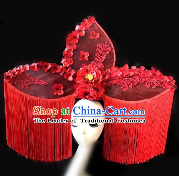 Top Grade Chinese Traditional Catwalks Hair Accessories Exaggerated Palace Pincess Red Tassel Headdress Halloween Modern Fancywork Headwear