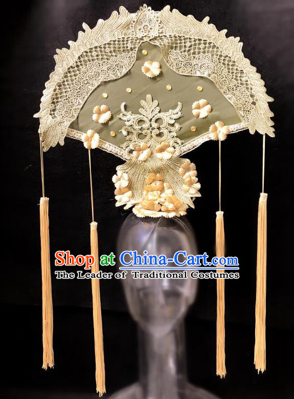 Top Grade Catwalks Golden Fan-Shape Hair Accessories Exaggerated Chinese Traditional Headdress Modern Fancywork Headwear