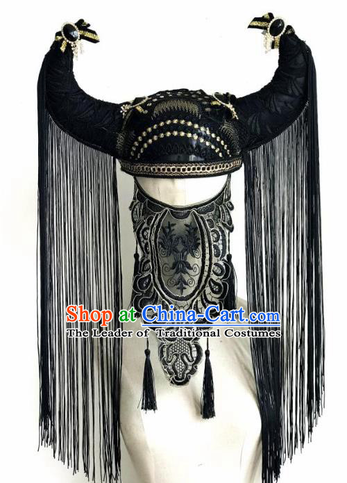 Top Grade Catwalks Hair Accessories Exaggerated Black Tassel Ox Horn Hats Modern Fancywork Headwear