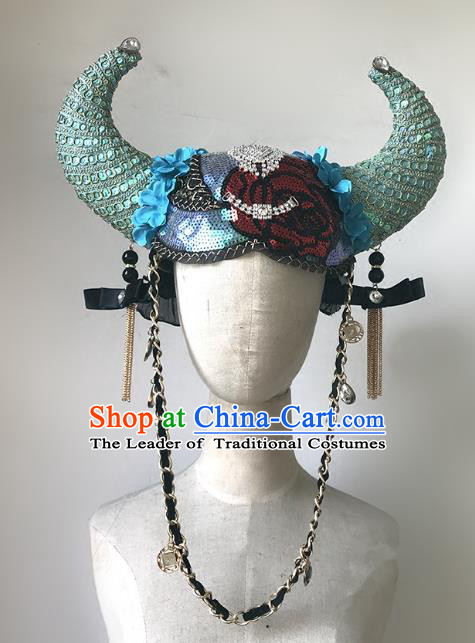 Top Grade Catwalks Hair Accessories Exaggerated Blue Ox Horn Hats Modern Fancywork Headwear