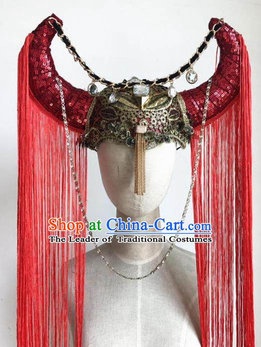 Top Grade Catwalks Hair Accessories Exaggerated Red Tassel Ox Horn Hats Modern Fancywork Headwear