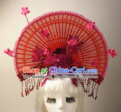 Top Grade Catwalks Chinese Traditional Hair Accessories Halloween Modern Fancywork Red Lace Flowers Headwear