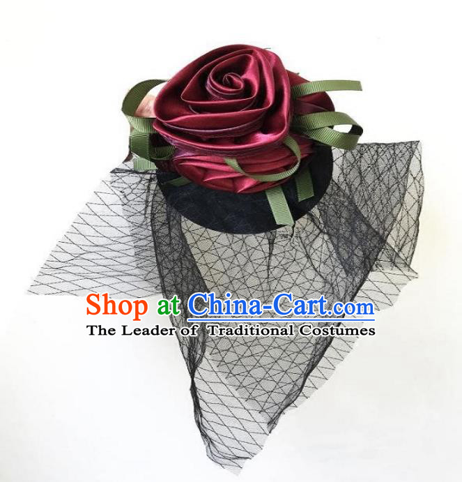 Top Grade Catwalks Hair Accessories Exaggerated Wine Red Rose Top Hat Halloween Modern Fancywork Wedding Headwear