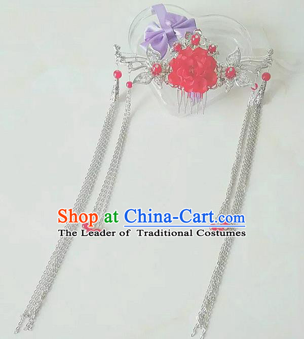 China Ancient Hair Accessories Hanfu Tassel Red Flower Hair Comb Chinese Classical Hairpins for Women