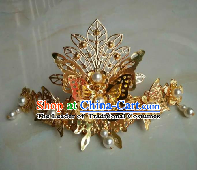 China Ancient Hair Accessories Hanfu Golden Butterfly Hairdo Crown Chinese Traditional Hairpins for Women