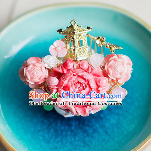 Chinese Traditional Palace Hair Accessories Xiuhe Suit Pink Peony Hair Comb Ancient Hairpins for Women