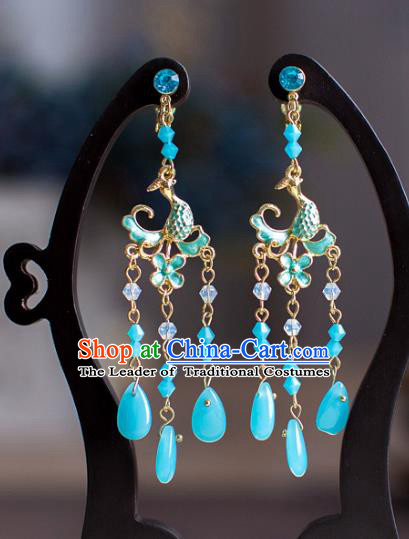 Chinese Ancient Bride Classical Accessories Blue Earrings Wedding Jewelry Hanfu Eardrop for Women