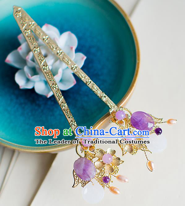 Chinese Traditional Palace Hair Accessories Xiuhe Suit Purple Jade Hair Clips Ancient Hairpins for Women