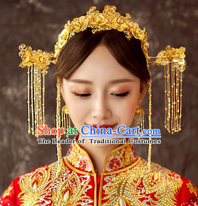 Chinese Traditional Wedding Hair Accessories Golden Phoenix Coronet Ancient Xiuhe Suit Bride Hairpins Step Shake for Women