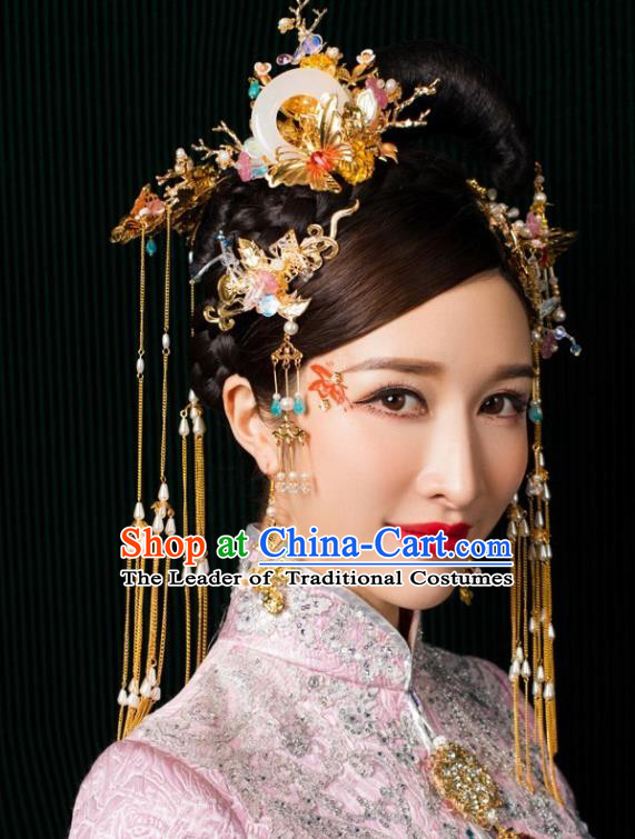 Chinese Traditional Palace Hair Accessories Tassel Step Shake Jade Phoenix Coronet Ancient Xiuhe Suit Hairpins for Women