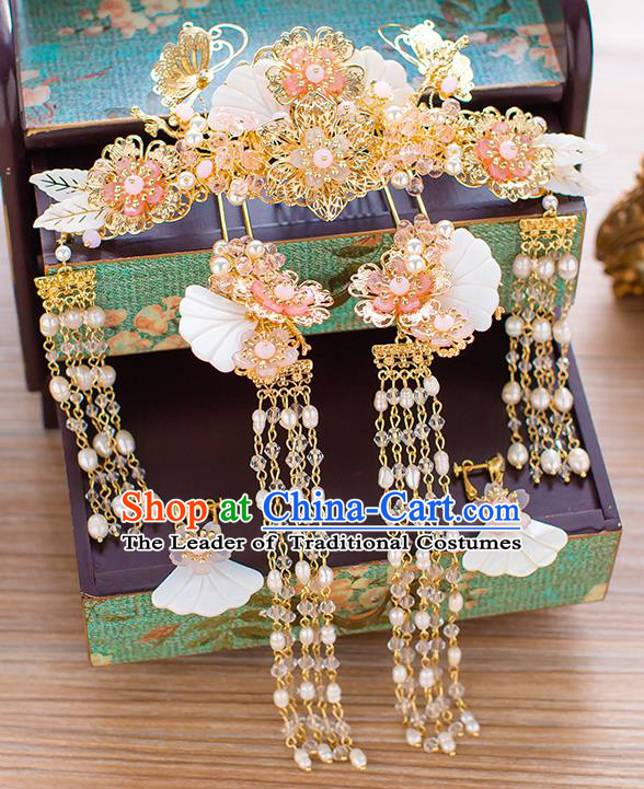 Chinese Traditional Palace Hair Accessories Shell Phoenix Coronet Ancient Xiuhe Suit Tassel Hairpins Complete Set for Women