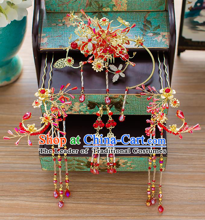 Chinese Traditional Palace Hair Accessories Red Tassel Phoenix Coronet Ancient Xiuhe Suit Hairpins Complete Set for Women