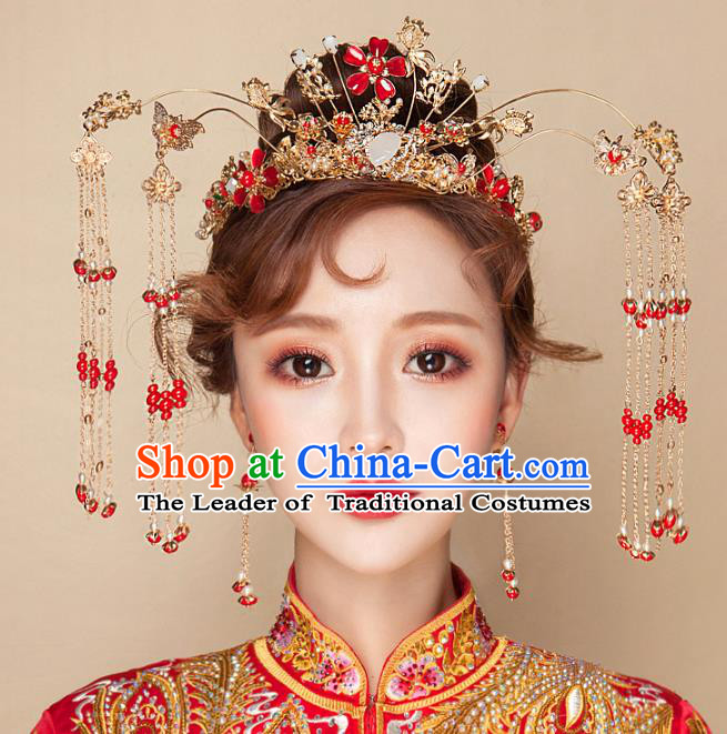 Chinese Traditional Palace Hair Accessories Xiuhe Suit Tassel Phoenix Coronet Ancient Hairpins Complete Set for Women