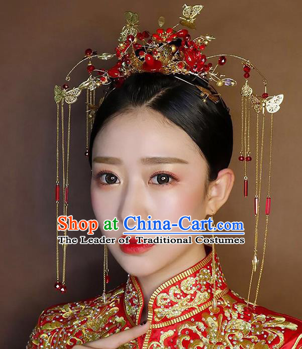 Chinese Traditional Palace Hair Accessories Xiuhe Suit Red Phoenix Coronet Ancient Hairpins Complete Set for Women