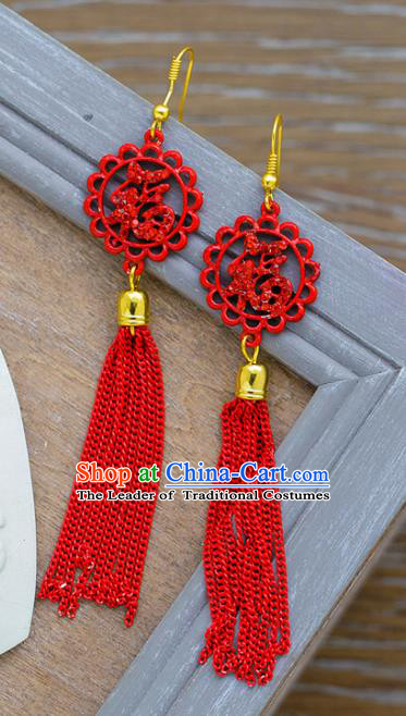 Chinese Ancient Bride Classical Accessories Red Tassel Earrings Wedding Jewelry Hanfu Eardrop for Women