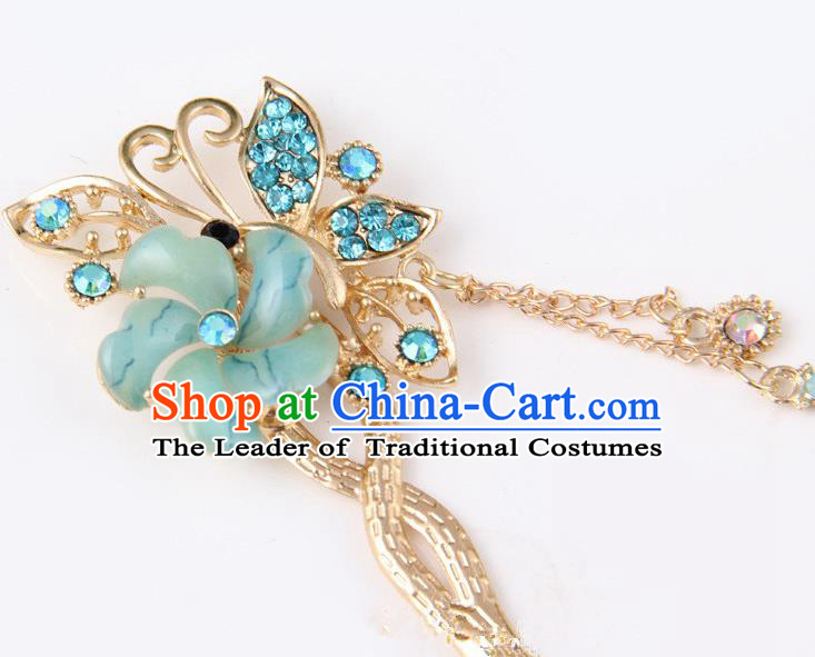 Chinese Traditional Palace Hair Accessories Ancient Blue Flowers Hairpins Crystal Hair Clips for Women