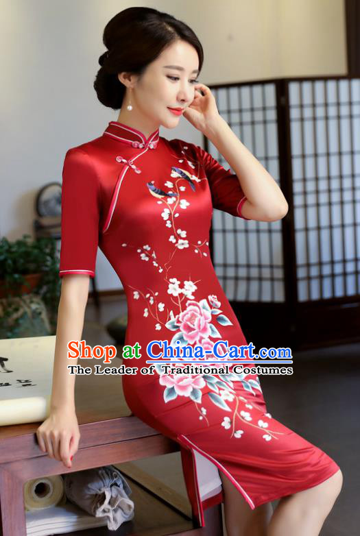 Top Grade Chinese Elegance Red Qipao Dress National Costume Traditional Mandarin Cheongsam for Women