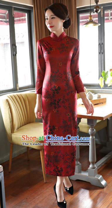 Top Grade Chinese Elegance Red Watered Gauze Qipao Dress National Costume Traditional Mandarin Cheongsam for Women