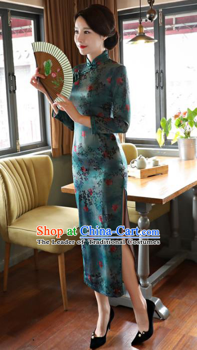 Top Grade Chinese Elegance Green Watered Gauze Qipao Dress National Costume Traditional Mandarin Cheongsam for Women