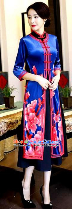 Chinese National Costume Handmade Qipao Dress Traditional Printing Royalblue Tang Suit Cheongsam for Women