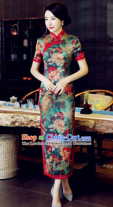 Chinese National Costume Handmade Tang Suit Qipao Dress Traditional Printing Green Cheongsam for Women