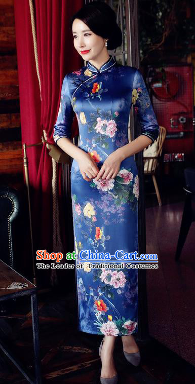 Chinese National Costume Handmade Qipao Dress Traditional Tang Suit Printing Blue Watered Gauze Cheongsam for Women