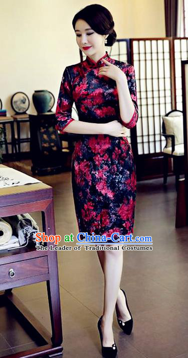 Chinese National Costume Handmade Navy Velvet Qipao Dress Traditional Tang Suit Printing Chrysanthemum Cheongsam for Women