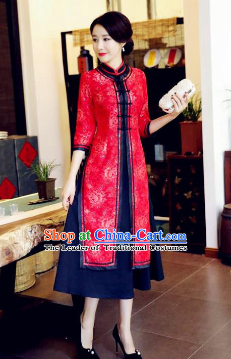 Chinese National Costume Handmade Red Qipao Dress Traditional Tang Suit Two-pieces Cheongsam for Women