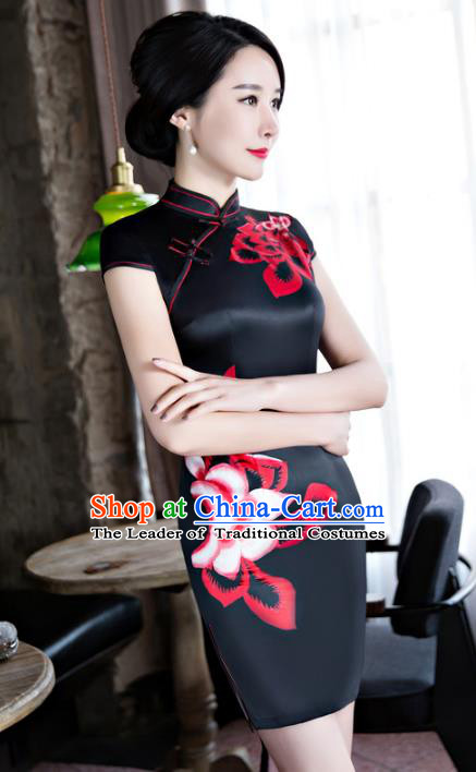 Chinese Top Grade Retro Black Silk Qipao Dress Traditional Republic of China Tang Suit Short Cheongsam for Women