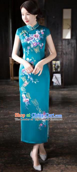 Chinese National Costume Tang Suit Printing Green Silk Qipao Dress Traditional Republic of China Cheongsam for Women